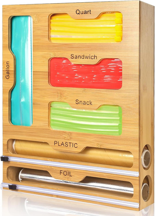 Bag Storage 6 IN 1 Foil and Plastic Wrap Organizer for Kitchen Drawer, Plastic Wrap Dispenser with Cutter, 100% bamboo foil and plastic wrap organizer,bag organizer for Drawer Gallon, Quart