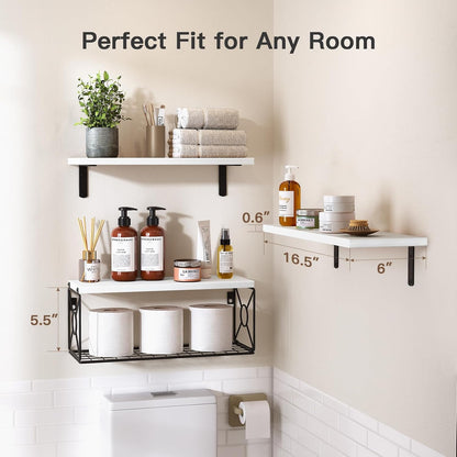 Amada Bathroom Shelves Over Toilet with Storage Basket, Floating Wall Shelves for Home Organization & Wall Decor, Bathroom/Kitchen/Living Room ShelvesWhite