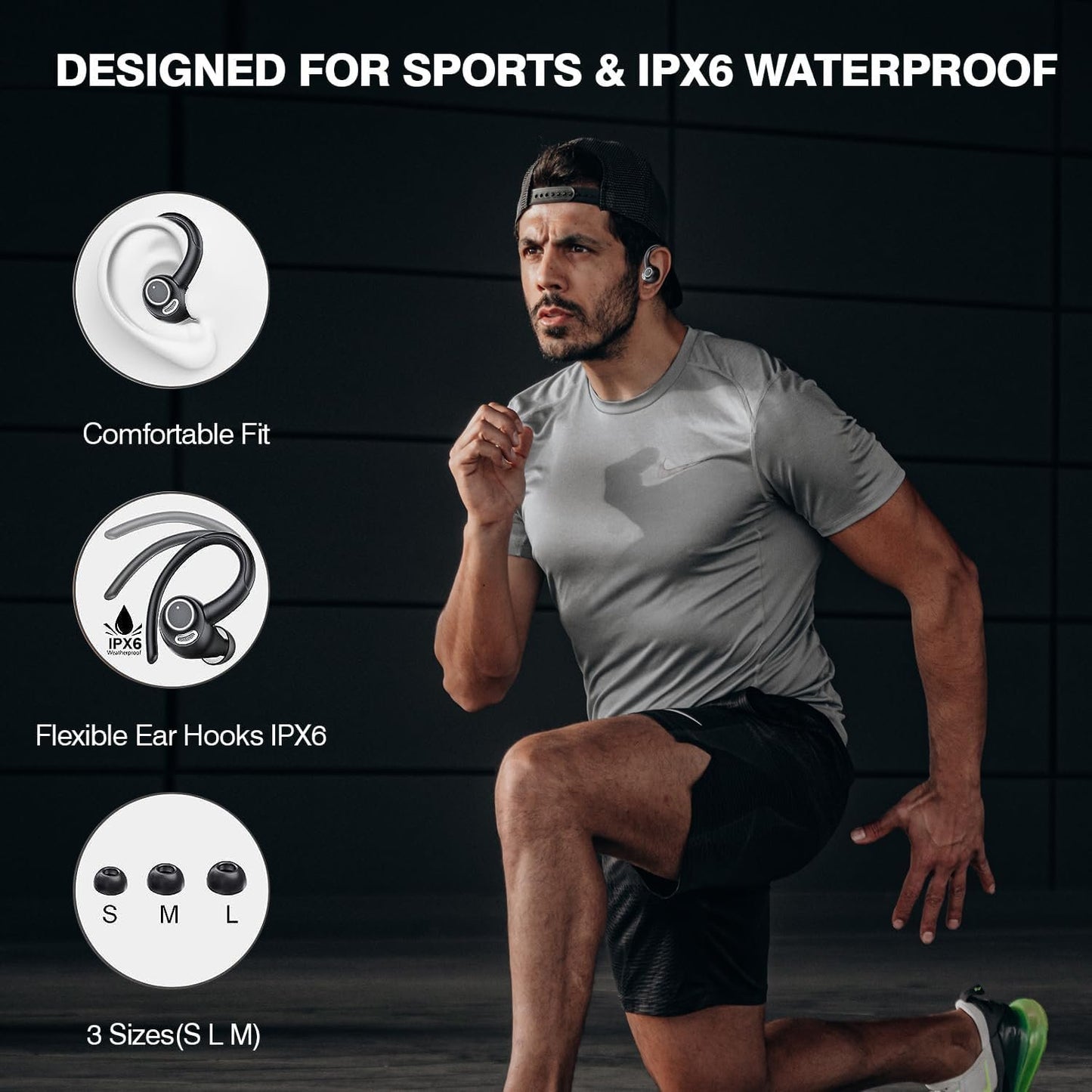Wireless Earbud Bluetooth 5.3 Over-Ear Sport Headphones Touch Control Hi-Fi Stereo True TWS in Earphones IP6 Waterproof 48H Playback LED Power Display Noise Reduction Headset for Gym