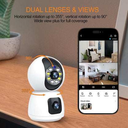 XIULIUU Security Camera Indoor, Dual-Lens Pet Camera with 64GB SD Card, 2.4GHz WiFi, 1080p HD & Full-Color Night Vision, 360Â° Pan-Tilt Coverage, Motion Tracking, 2-Way Audio Home Camera