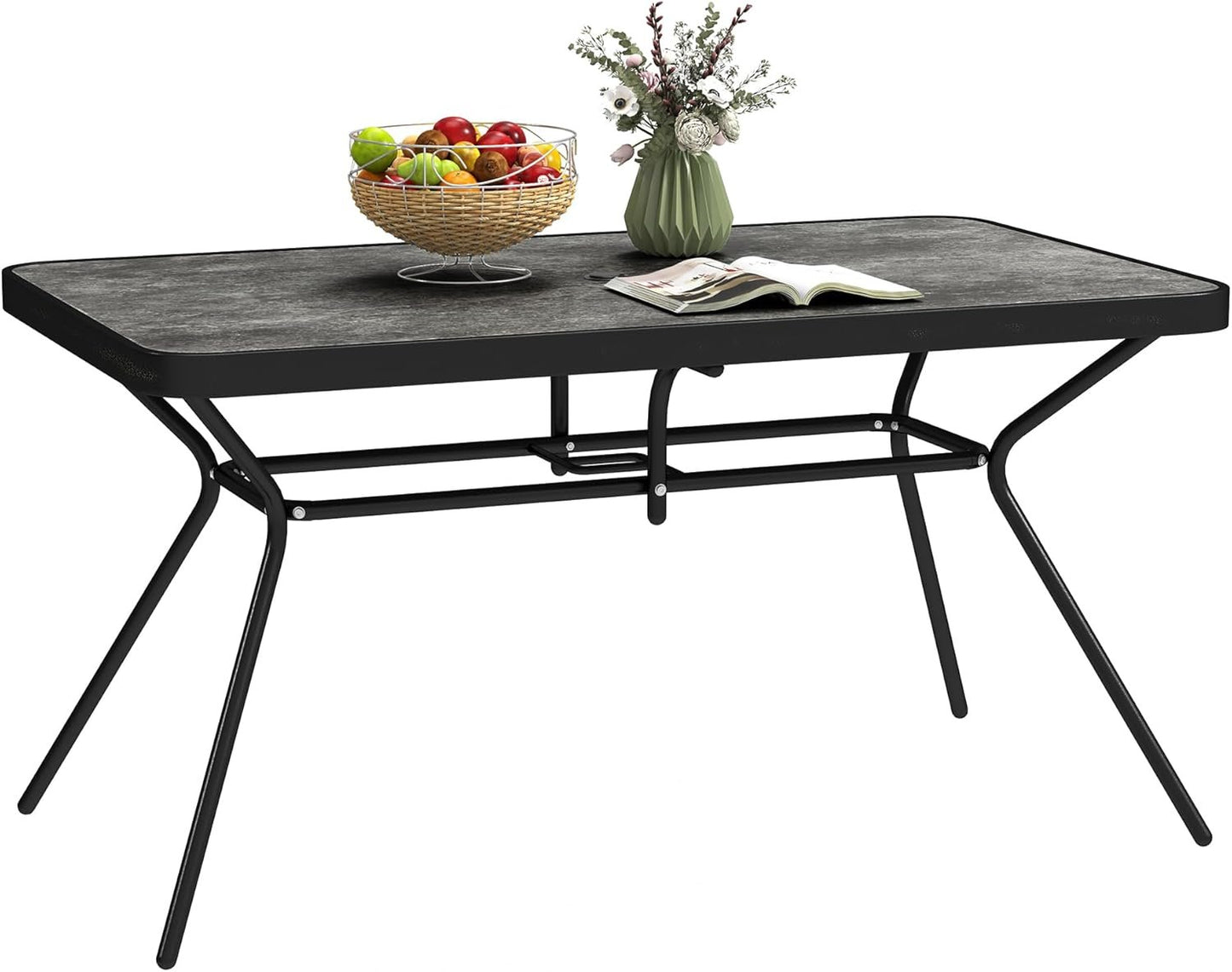Outsunny 55" x 31.5" x 28" Rectangle Outdoor Dining Table for 6, Patio Table with 1.7" Umbrella Hole, Easy Clean DPC Plastic Tabletop, Steel Frame, for Backyard, Deck, Lawn, Grey