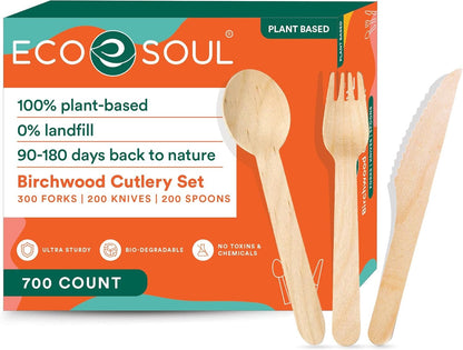 ECO SOUL 100% Compostable Cutlery [700-Pack] Disposable Wooden Cutlery Set I 100% Natural, Sturdy, Eco-friendly, Utensils Set I Biodegradable (300 Fork,200 Spoon, 200 Knife)