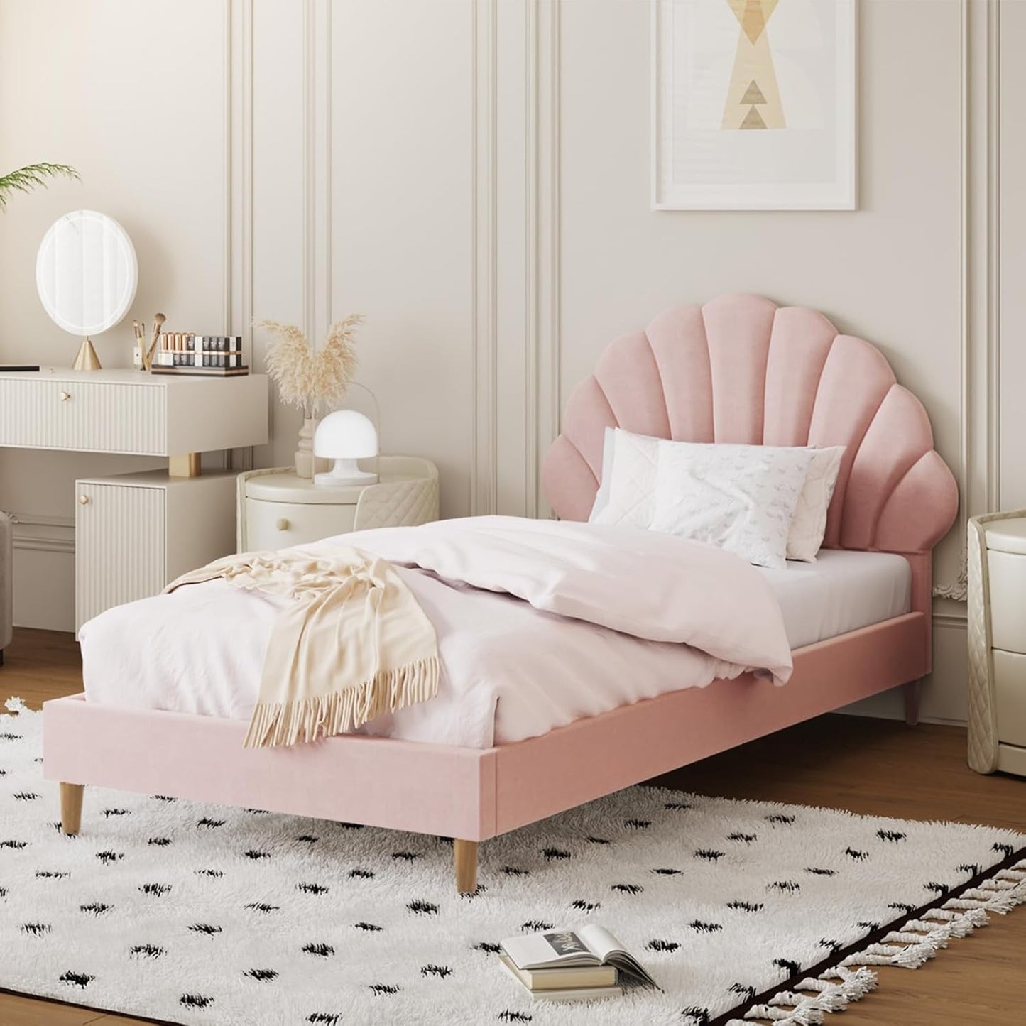 Oikiture Bed Frame Single with Scallop-Shape BedHead Pink Velvet Single Bed