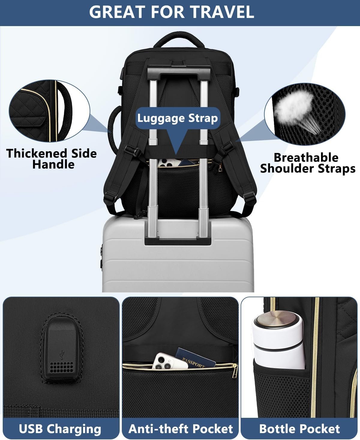 Carry on Women Travel Backpack: TSA Flight Approved Personal Item Backpacks Large 40L Waterproof Luggage Suitcase Backpack fit 17 Inch Laptop Weekender Overnight Traveling Bag with USB Charge