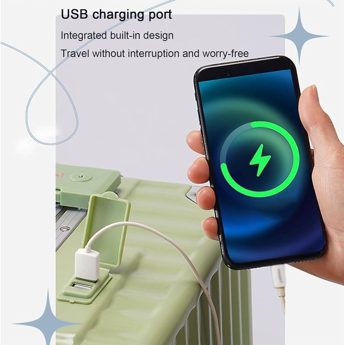 SUCADA Bagaglio a mano con porta di ricarica USB, lucchetto a combinazione TSA, valigia con telaio in alluminio (green 20 inches)
