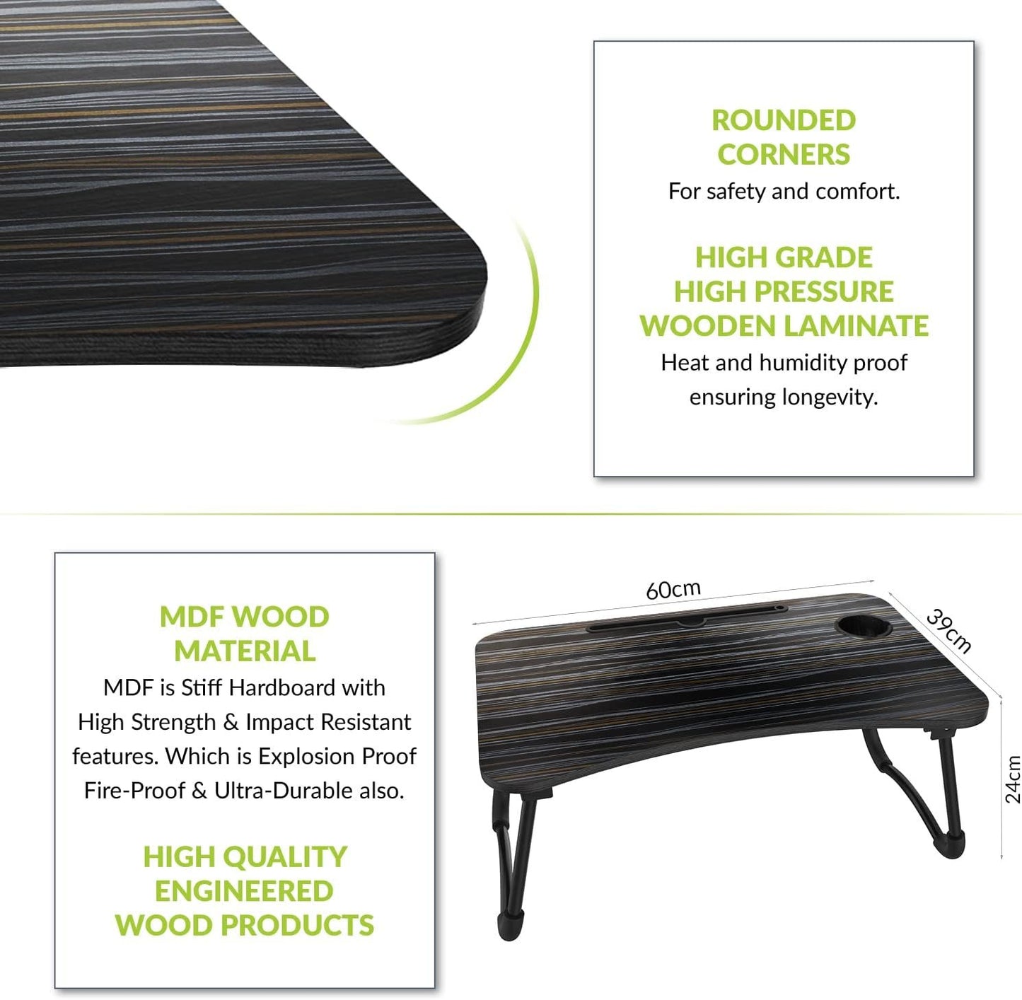 Gizga Essentials Foldable Laptop and Study Table for Student and Kids with Cup, Tablet and Mac Holder |Office Table | Bed Table| Breakfast Table, Portable/Ergonomic & Round Edges/Non-Slip Legs, Black