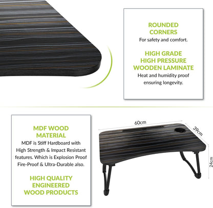 Gizga Essentials Foldable Laptop and Study Table for Student and Kids with Cup, Tablet and Mac Holder |Office Table | Bed Table| Breakfast Table, Portable/Ergonomic & Round Edges/Non-Slip Legs, Black