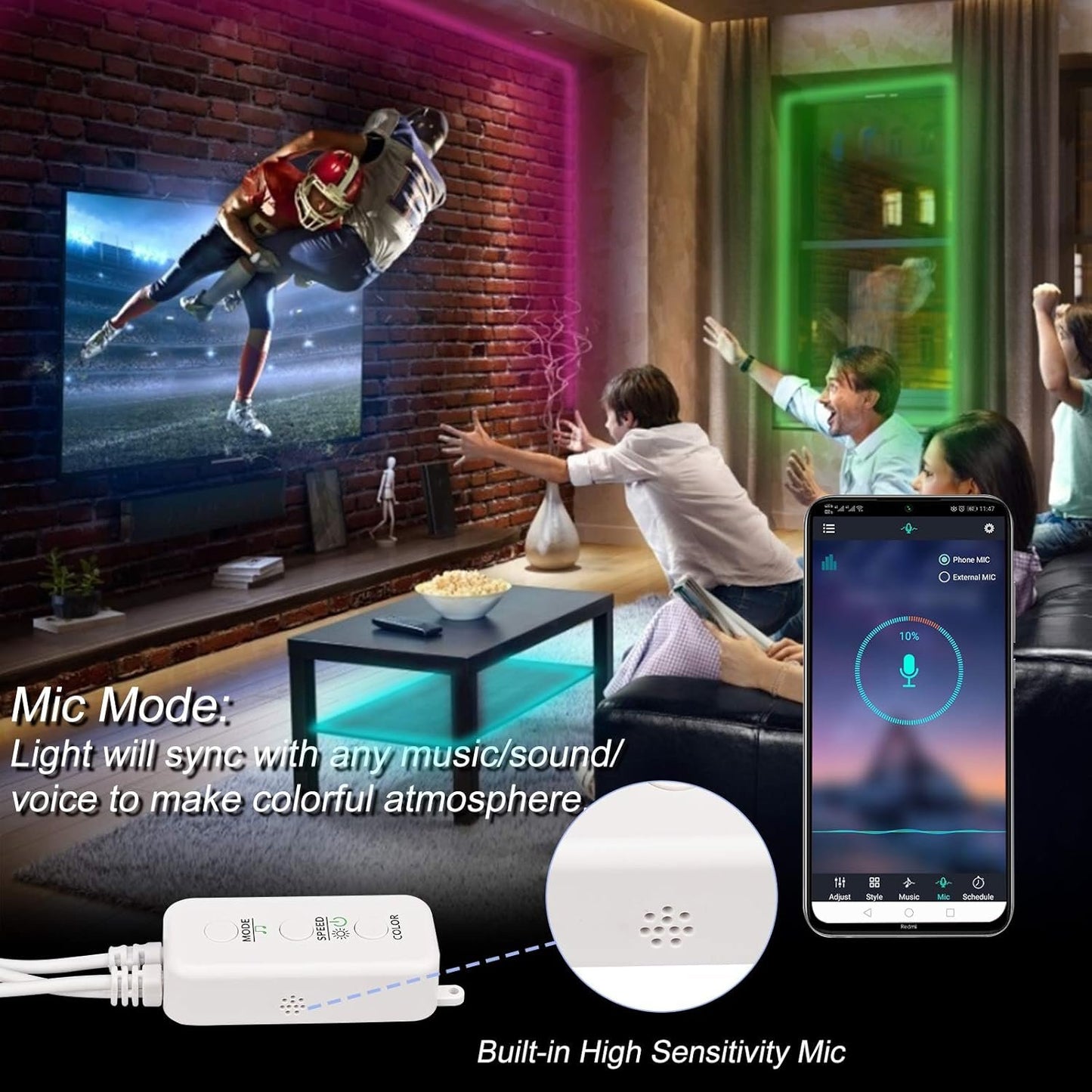 LED Remote Replacement with Controller, Bluetooth RGB LED Controller Set with APP/Music Sync Only Compatible with 12V 10mm RGB LED Lights Strip (12V/36W Power Adapter Included)