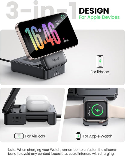 Lamicall 3 in 1 Charging Station for Apple - Foldable Wireless Charger Stand for Mag Safe Portable, Travel Wireless Charger Station for Multiple Devices for iPhone 16, 15, 14, 13, Apple Watch, AirPods