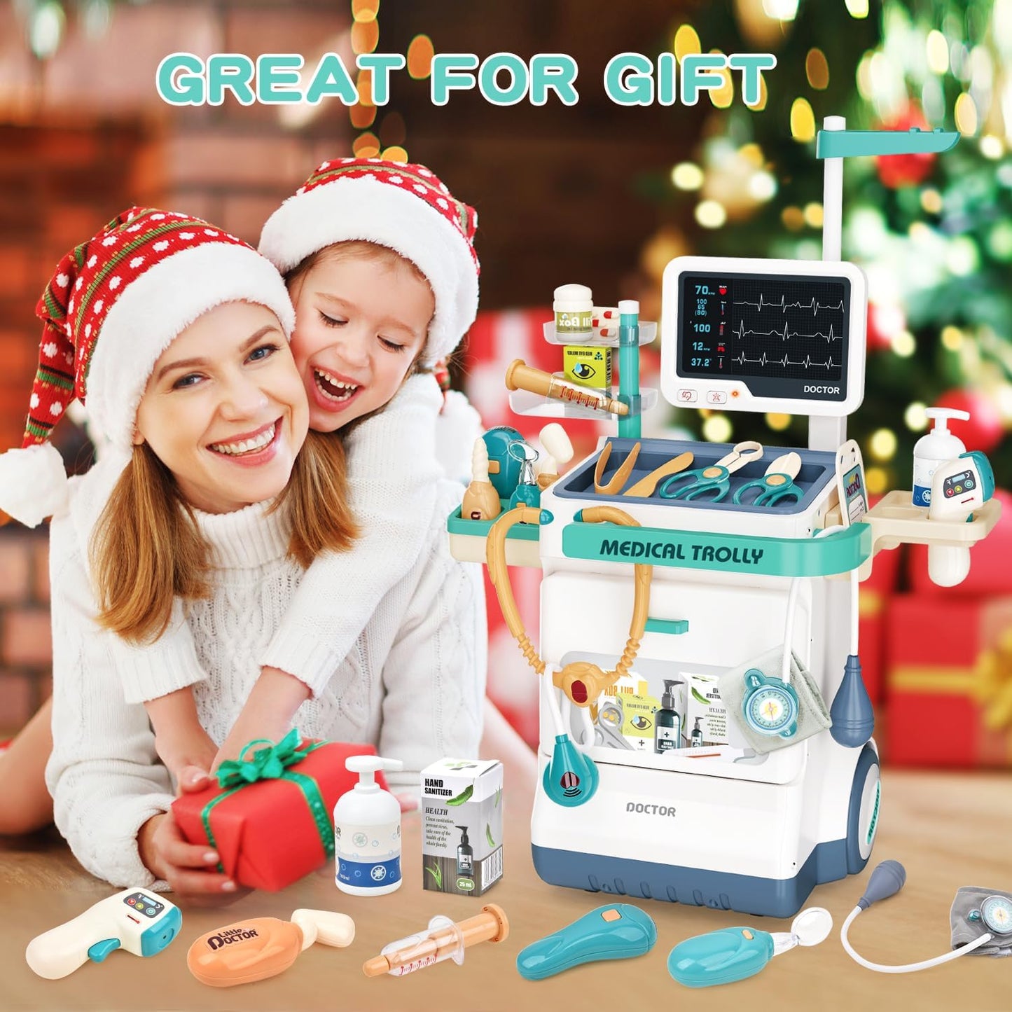 Doctor Kit for Kids 28 Accessories Pretend Medical Station Set for Boys & Girls Mobile Cart with Roleplay Doctor Costume Stethoscope for Ages 3 and Up Children Role Play Educational Toys