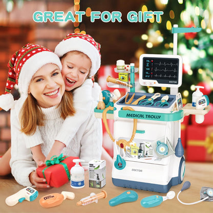 Doctor Kit for Kids 28 Accessories Pretend Medical Station Set for Boys & Girls Mobile Cart with Roleplay Doctor Costume Stethoscope for Ages 3 and Up Children Role Play Educational Toys