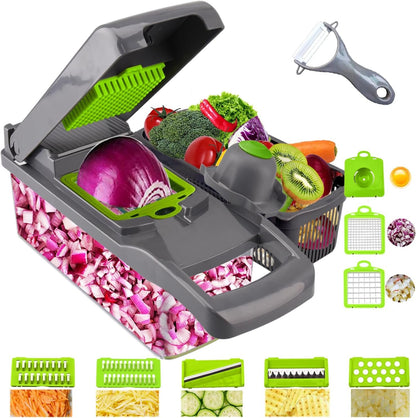 Vegetable Chopper Mandoline Slicer Cutter Onion Chopper Dicer Pro Food Chopper Slicer Durable Veggie Cutter with Large Container Drain Basket and 8 Blades for Tomato Potato Carrot