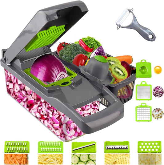 Vegetable Chopper Mandoline Slicer Cutter Onion Chopper Dicer Pro Food Chopper Slicer Durable Veggie Cutter with Large Container Drain Basket and 8 Blades for Tomato Potato Carrot