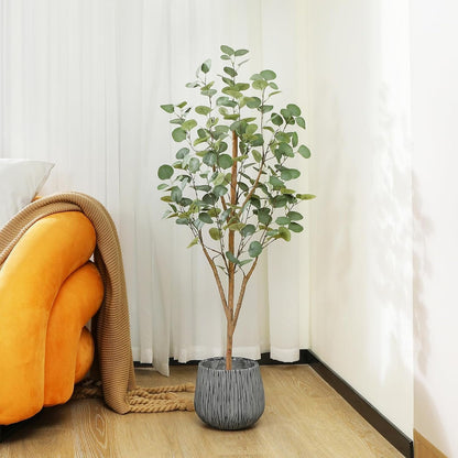 OAKRED Artificial Eucalyptus Tree 4ft, Tall Fake Tree with Natural Wood Trunk and Realistic Silver Dollar Leaves, Silk Faux Eucalyptus Artificial Plants for Indoor Home Decor Office Living Room