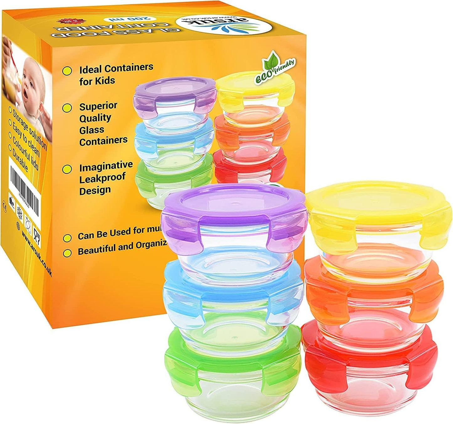 ARSUK Small Glass Food Storage Container With Lids 200ml/7oz - 6PCS Glass Mixing Bowls Set - Mean Prep Containers - Leakproof & Airtight, BPA-Free, Microwave, Oven & Freezer Safe