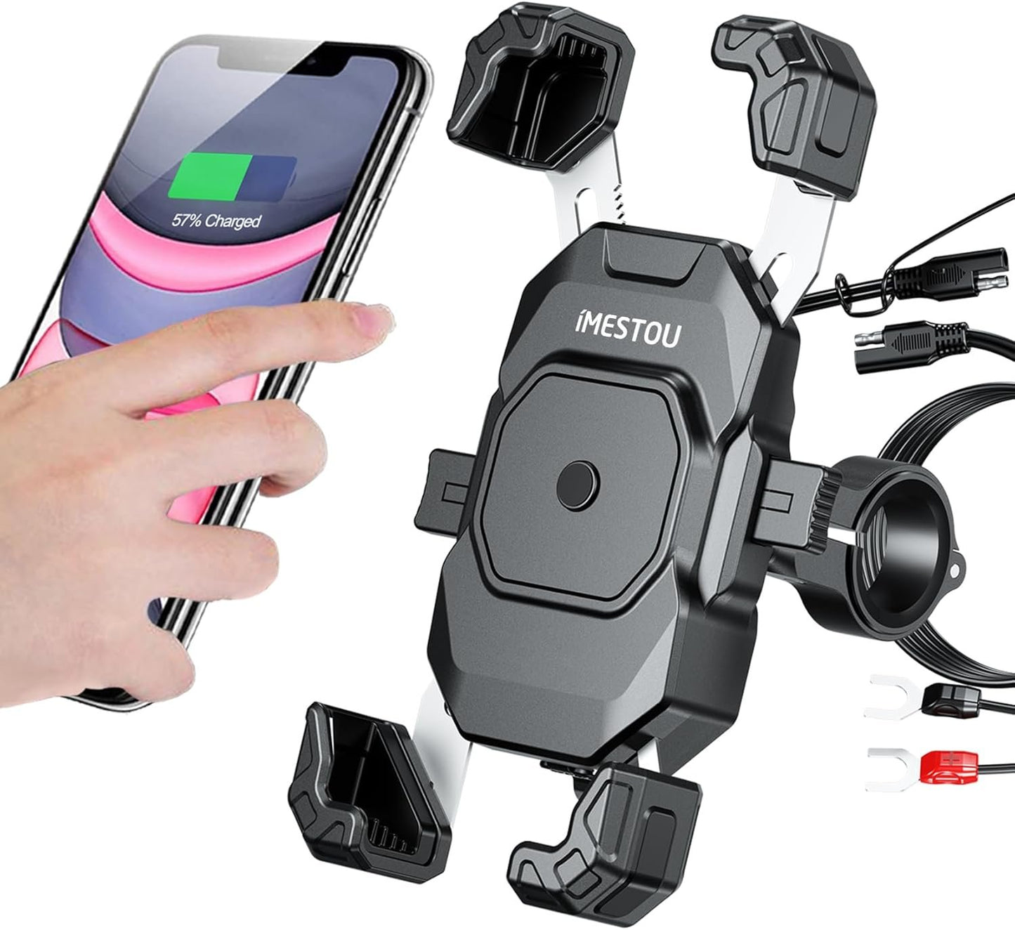 iMESTOU Motorcycle Wireless USB C Charger Phone Mount with Detachable SAE-O Ring Wire, Fits for 5.5"-7.2" Phones with Thickness Up to 15mm, Width ＜93mm, Works with 12-24V Motorcycles
