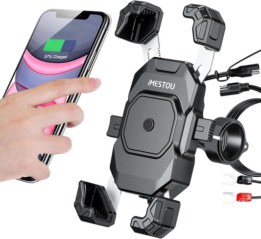 iMESTOU Motorcycle Wireless USB C Charger Phone Mount with Detachable SAE-O Ring Wire, Fits for 5.5"-7.2" Phones with Thickness Up to 15mm, Width ＜93mm, Works with 12-24V Motorcycles