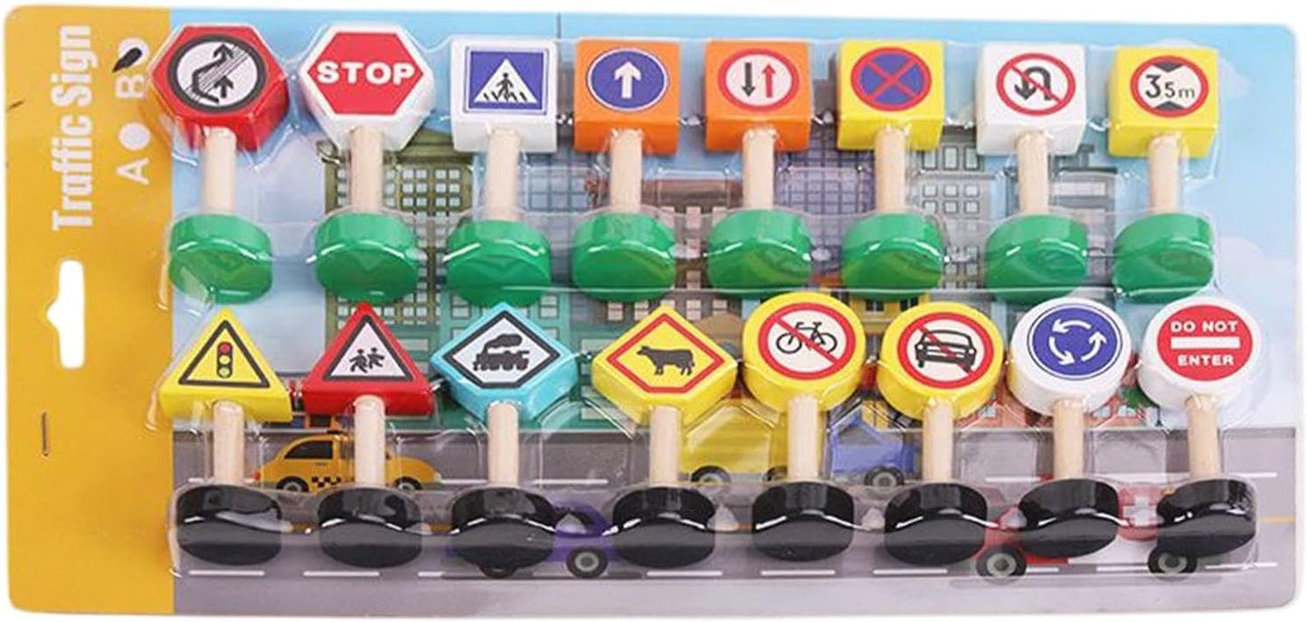 Kidstraffic Road Signs, 16x Street Traffic Signs Play Toy, Early Learning Game, Crosswalk Signal Blocks, Wooden Stop Safety Game For Education, 9.06x7.09x1.18 Inches