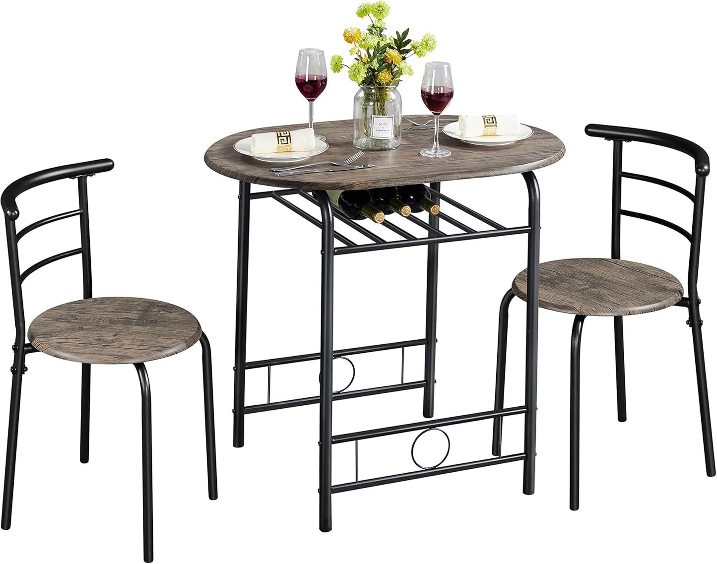 Yaheetech 3-Piece Dining Table Set, Kitchen Table & Chair Sets for 2, Compact Table Set w/Steel Legs, Built-in Wine Rack for Breakfast Nook, Small Space, Apartment, Drift Brown