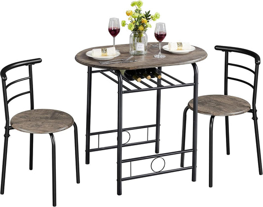 Yaheetech 3-Piece Dining Table Set, Kitchen Table & Chair Sets for 2, Compact Table Set w/Steel Legs, Built-in Wine Rack for Breakfast Nook, Small Space, Apartment, Drift Brown