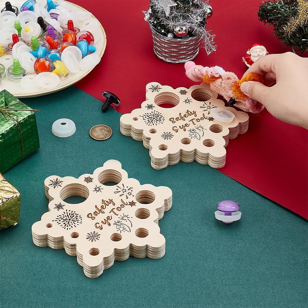 PH PandaHall 2pcs Snowflake Safety Eye Tool for Amigurumi, Safety Eyes Insertion Tool Wood Auxiliary Tool for Attaching Safety Eyes Washers Craft Eyes Tool for Crochet Stuffed Animal Eyes, 9 Holes: 6-29mm