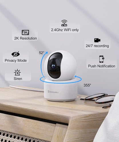 GALAYOU Indoor Security Camera 2K, Pet Camera, 360 Degree WiFi Home Security Camera for Baby/Elder/Nanny with Night Vision, Siren, 24/7 SD Card Storage, Compatible with Alexa and Google Assistant G2