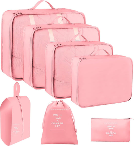 RISVOWO 7 Pieces Packing Cubes, Suitcase Organizer, Travel Suitcase Organizer, Travel Organizer, Storage Bag Organizer, Storage Suitcase Set, for Clothes, Shoes, Cosmetics (Pink)