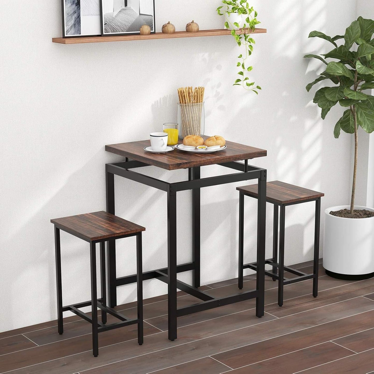 Costway 3 Pieces Bar Table Set, Square Counter Height Table with Stools, Floating Tabletop & Footrest, Industrial Pub Table Set for Small Space, Breakfast Nook, Kitchen, Rustic Brown