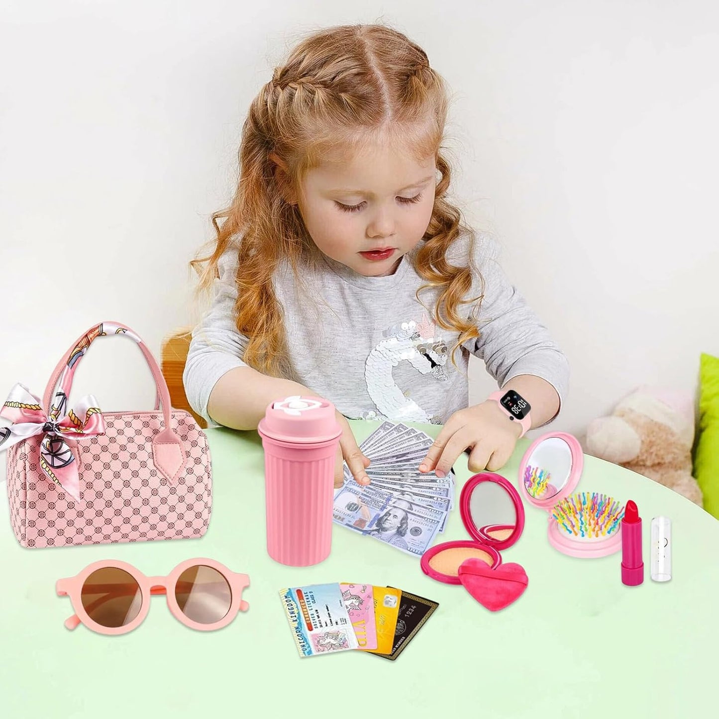 Play Purse, Toy Purse, 7.87x4.33x5.12 inches Princess Pretend Accessories, Interactive Role Play Clutch Set, Dress-Up Games for Kids Children Ages 3 6 Years Old, Little Girls