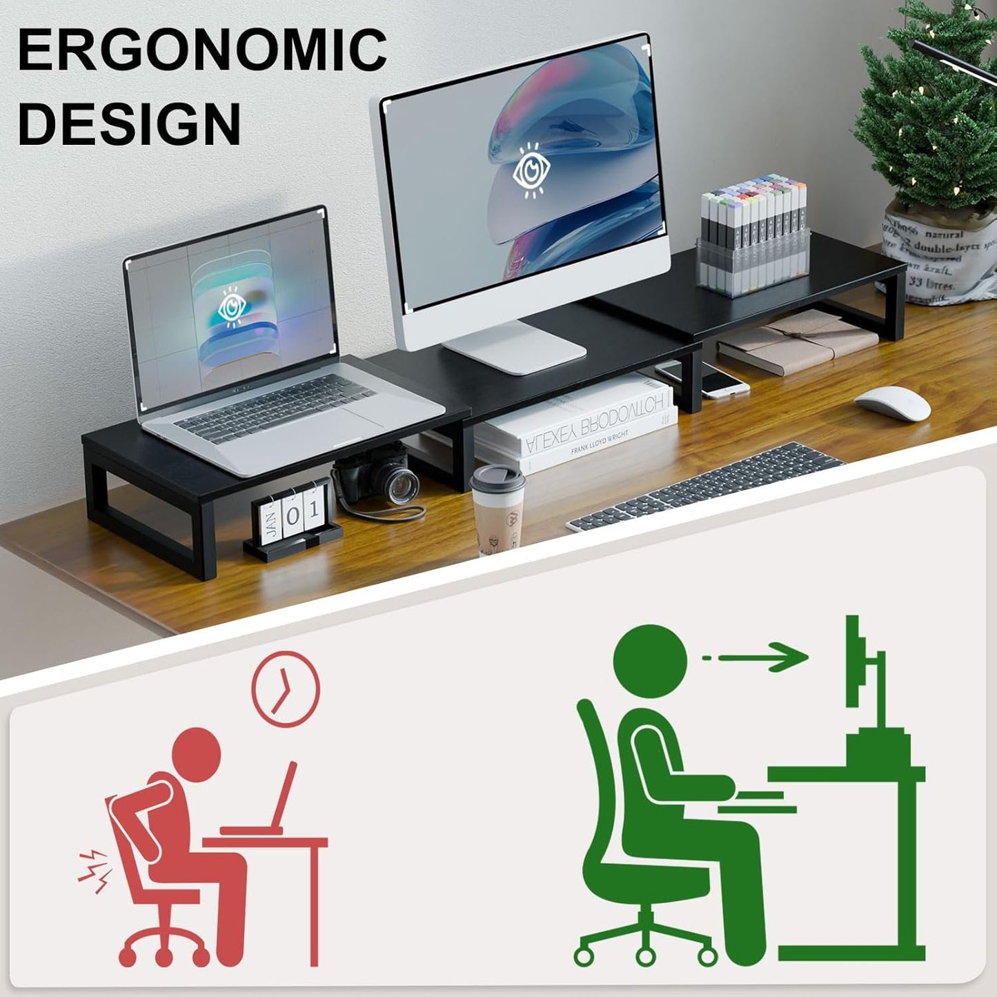 TEAMIX 3 Shelf Monitor Stand Riser with Metal Leg, Dual Monitor Stand Adjustable Stand for TV/Screen/PC/Printer/Laptop Riser with Storage for Home Office