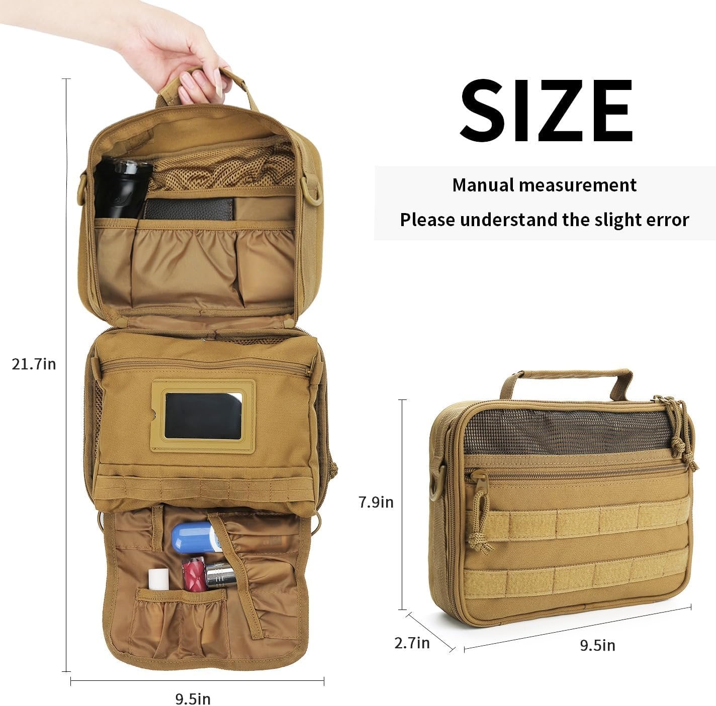 SMONT Tactical Toiletry Bag for Men, 9.5" Hanging Dopp Kit Shaving Hygiene Bag for Traveling Bathroom, Brown, Multifunctional