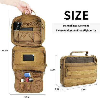 SMONT Tactical Toiletry Bag for Men, 9.5" Hanging Dopp Kit Shaving Hygiene Bag for Traveling Bathroom, Brown, Multifunctional
