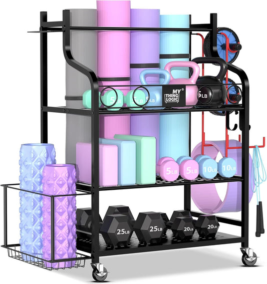 Mythinglogic Yoga Mat Storage Racks, Home Gym Storage Rack for Foam Roller, Resistance Band, Dumbbell, Kettlebell, Yoga Mat Holder, Workout Equipment Storage Organizer with Wheels and Hooks