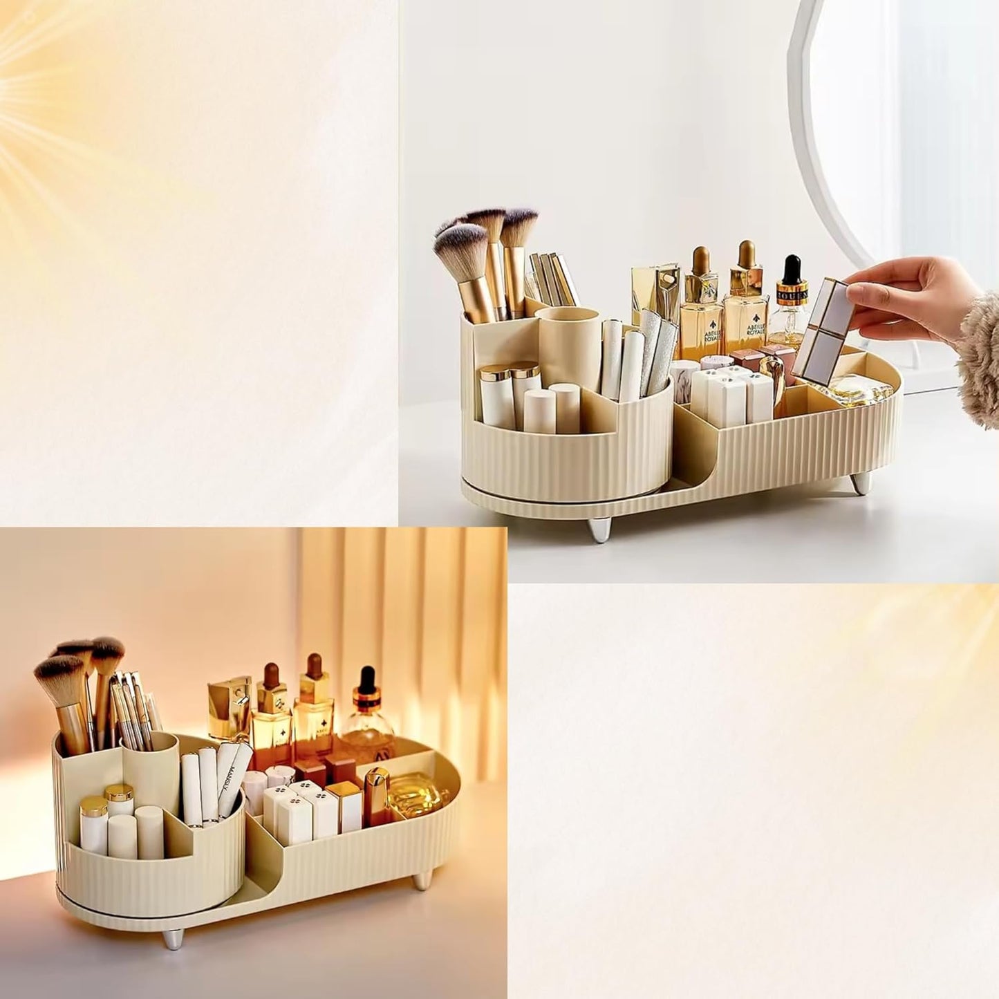 LUSHLOOM Modern Elegant Rotating Makeup Organizer - 360° Adjustable Cosmetic Storage Tray, Multi-Compartment Organizer for Makeup, Brushes, Skincare, Accessories - Beige