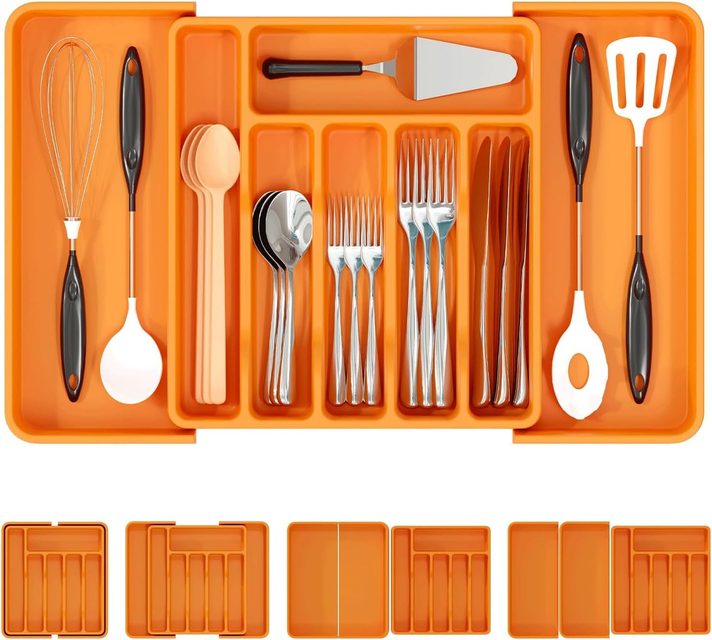 Silicone Cutlery Organizer for Kitchen, Expandable Utensil Drawer Organizer with Grooved for Flatware and Kitchen Utensils, Orange