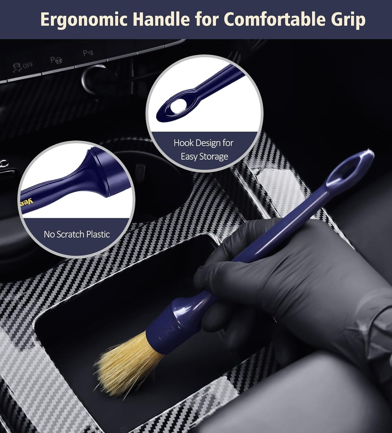 Car Detailing Brush Set, 3 Pack Ultra Soft Boars Hair Detailing Brushes for Leather Seat Air Vents Engine Bay, Auto Detail Brushes Car Detailing for Interior Exterior, Indigo