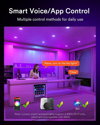 Lumary 3 Inch Smart Recessed Lighting WiFi Bluetooth Smart LED Recessed Lights 7W 350LM LED Wafer Downlight with Junction Box Compatible with Alexa/Google Assistant(1 Pack)