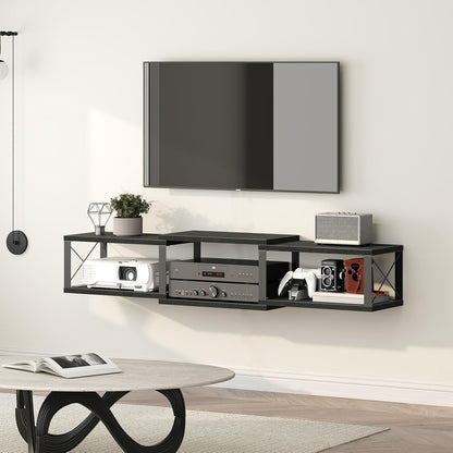MAHANCRIS ATVHB10101 Floating Wall TV Unit Multimedia Console with Shelves, Floating Entertainment Center for Living Room, Bedroom, Office, Black