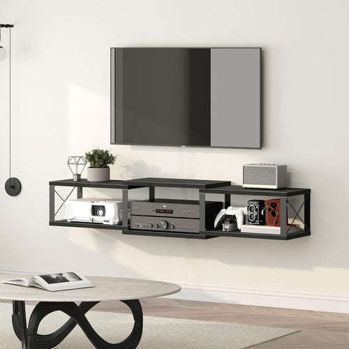 MAHANCRIS ATVHB10101 Floating Wall TV Unit Multimedia Console with Shelves, Floating Entertainment Center for Living Room, Bedroom, Office, Black
