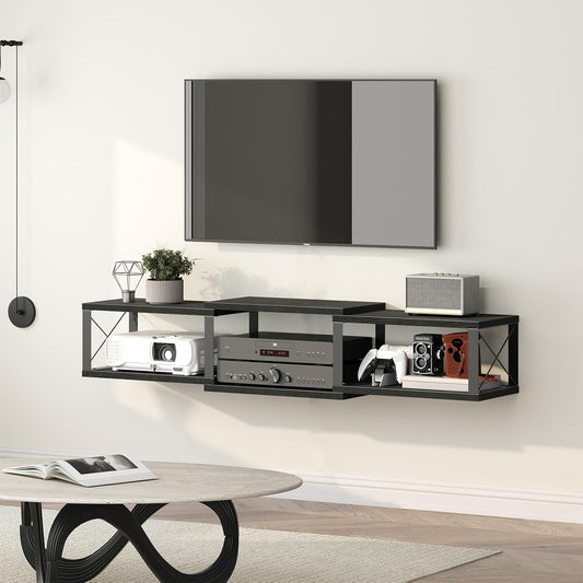 MAHANCRIS ATVHB10101 Floating Wall TV Unit Multimedia Console with Shelves, Floating Entertainment Center for Living Room, Bedroom, Office, Black