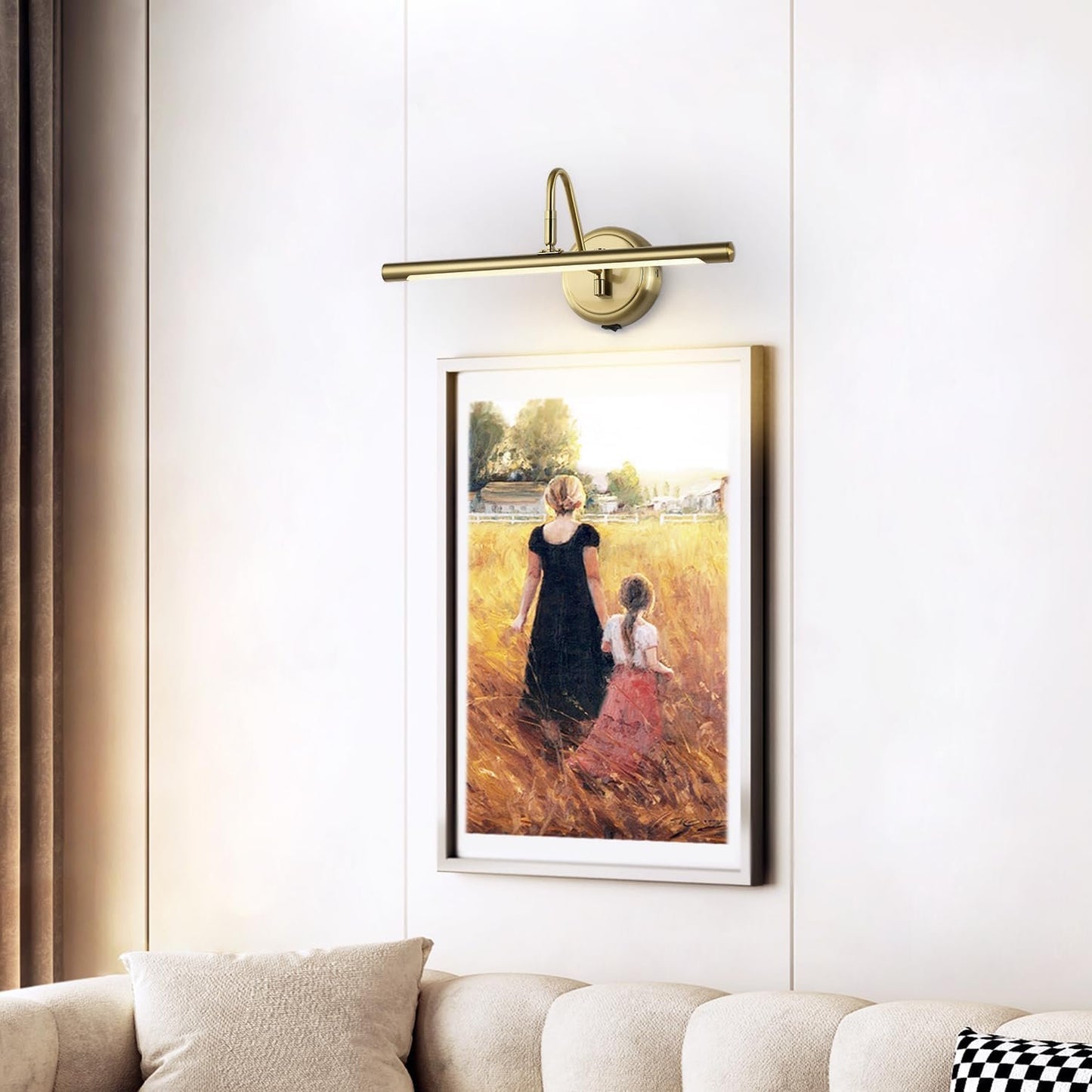 Modern Wireless Picture Lights for Wall Gold Wall Sconces Battery Operated 16.5" Inch Dimmable Wall Art Light with Adjustable Book Light with Remote 3000K CRI95+
