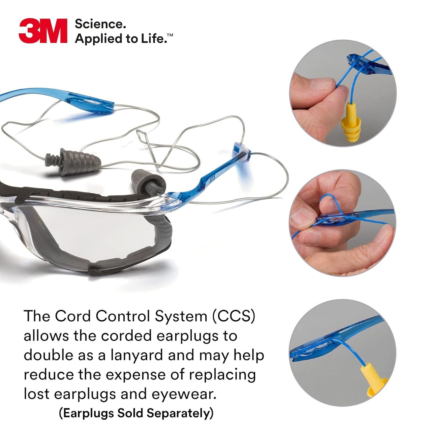3M Safety Glasses, Virtua CCS, ANSI Z87, Anti-Fog, Indoor/Outdoor Mirrored Lens, Blue Frame, Corded Ear Plug Control System, Removable Foam Gasket