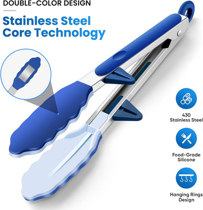 5-Pack Silicone Tongs for Cooking,Maywe Tanso 4PCS 13-Inch Cooking Kitchen Tongs with Silicone Tips,Nonstick Stainless Steel Tongs for Steak Pie Pizza Pasta Spaghetti Salad BBQ Buffet,Plus Brush
