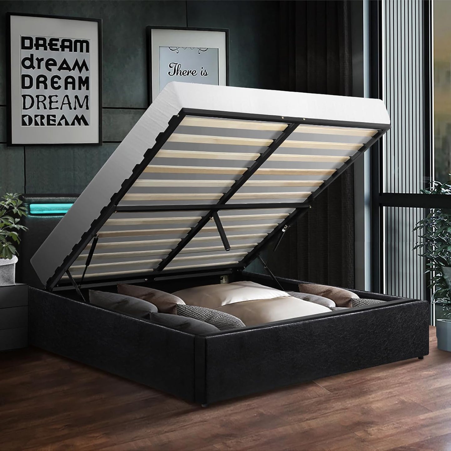 Oikiture Bed Frame Double Size Pu Leather Bed Frame Gas Lift with Storage and LED Light Bed Base Black