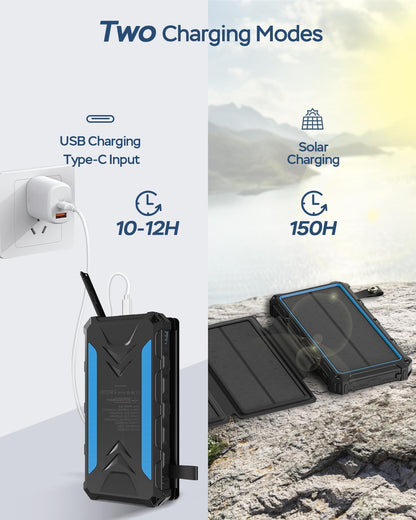 Solar Charger 20000mAh Solar Power Bank with Dual 3A Outputs Fast Charging Portable Charger, 4 Solar Panels External Battery Pack Waterproof and Flashlights for Phone,Tablet,Outdoor,Camping (Blue)