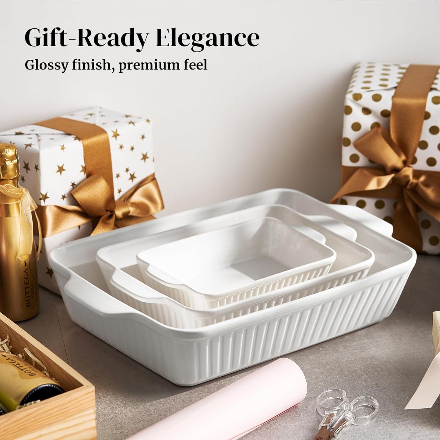 DOWAN Casserole Dishes for Oven, Baking Dishes Set, Ceramic Bakeware Sets of 3, Lasagna Pan Deep, Rectangular Baking Pan Set with Handles for Baking, Casserole, Kitchen, Wedding Gift, White