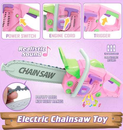 WishaLife Kids Tool Set - Pink Tool Set for Girls with Toy Chainsaw, Toy Drill, Construction Vest, Toddler Tool Set, Pretend Play Toy Tools Gift for Kids Ages 3 4 5 6 7 8 Years Old, OYG606-7