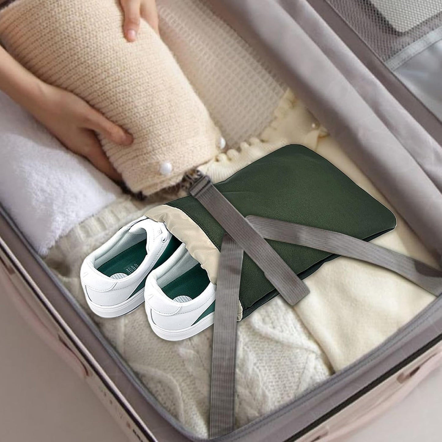 Shoe Travel Bag, Dustproof Organizer, Drawstring Storage Pouch, Portable Packing Solution, Polyester Green, Lightweight, 11.81x16.14 inches, for Women Men Footwear Holder, Gear