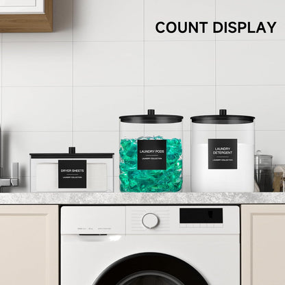 Glass Jars and Acrylic Dryer Sheet Holder, Laundry Pods Container with Bamboo Lid and 27 Labels, Powder Detergent Containers for Laundry Room Organization, Storage Jars Set (3 Pack, Black)