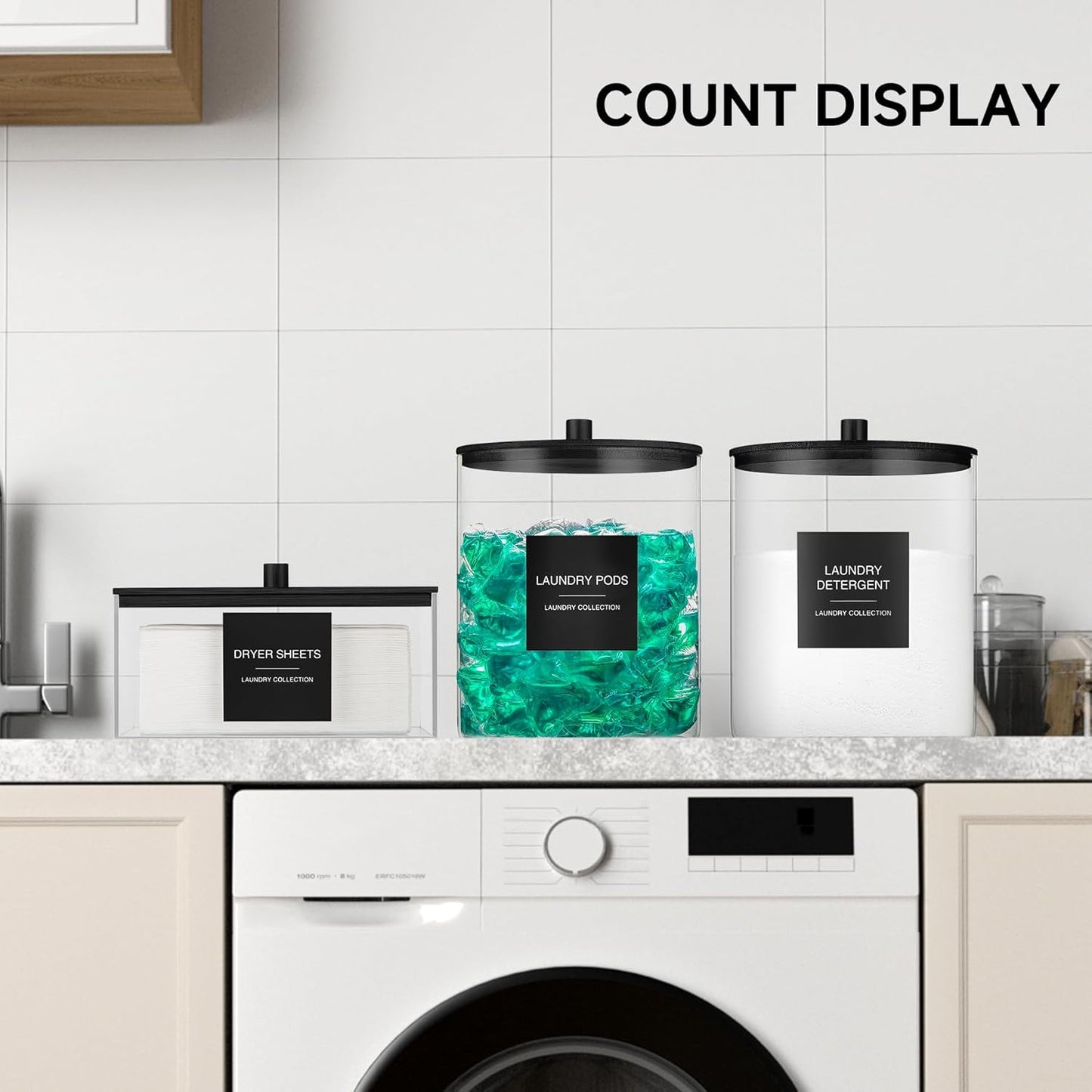 Glass Jars and Acrylic Dryer Sheet Holder, Laundry Pods Container with Bamboo Lid and 27 Labels, Powder Detergent Containers for Laundry Room Organization, Storage Jars Set (3 Pack, Black)